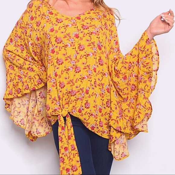 Sweet Claire Tops - HPx2 Mustard Red Floral Tunic Relaxed Fit Ruffle Butterfly Sleeves Tie Waist SML